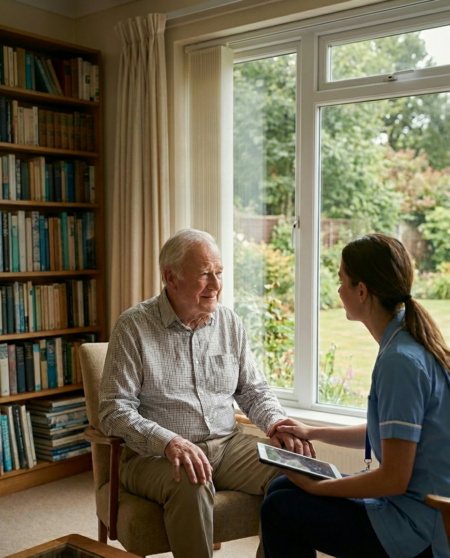 A nurse in conversation with an older man at home